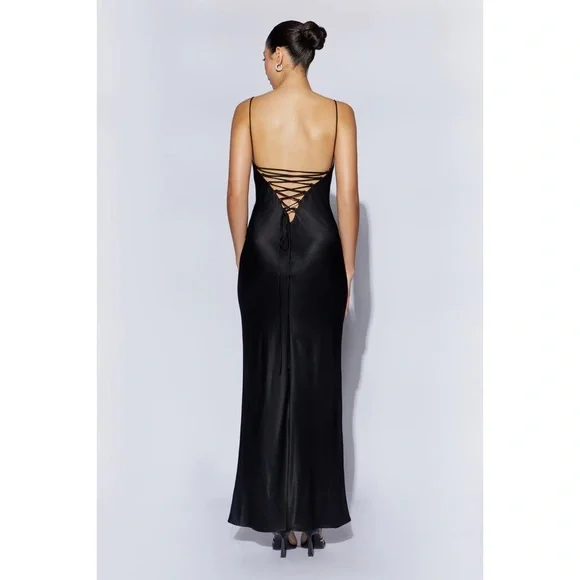 Meshki Slip Dress Cora Black Tie Back Slinky Cocktail Gown Long Bias Cut Size L - Picture 2 of 12